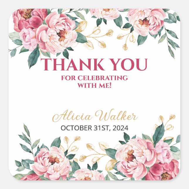 Sticker Carré Elégante feuille d'or rouge rose Peony Flower (Devant)