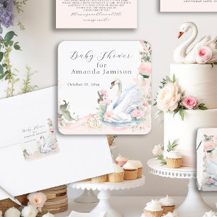 Sticker Carré Élégante Fleur de Cygne Ruban Rose Pâle Baby Showe
