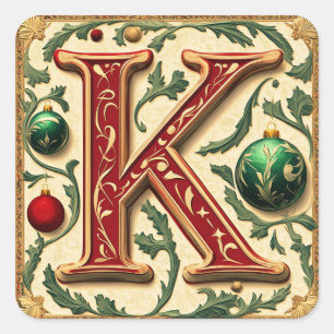 Sticker Carré Élégante lettre de Noël K en rouge et vert