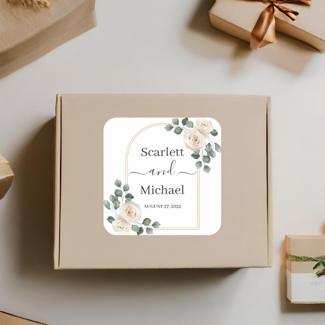 Sticker Carré Elégante Rose blanche moderne et Mariage d'arc dor (Créateur téléchargé)