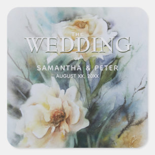 Sticker Carré Elégante Rose d'aquarelle avec Sage Green