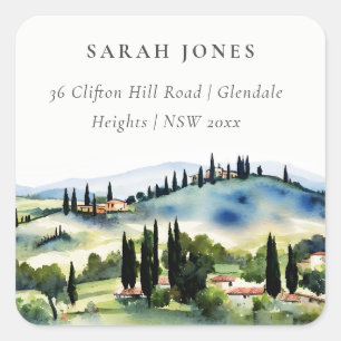 Sticker Carré Elégante Toscane Italie Aquarelle Paysage Adresse