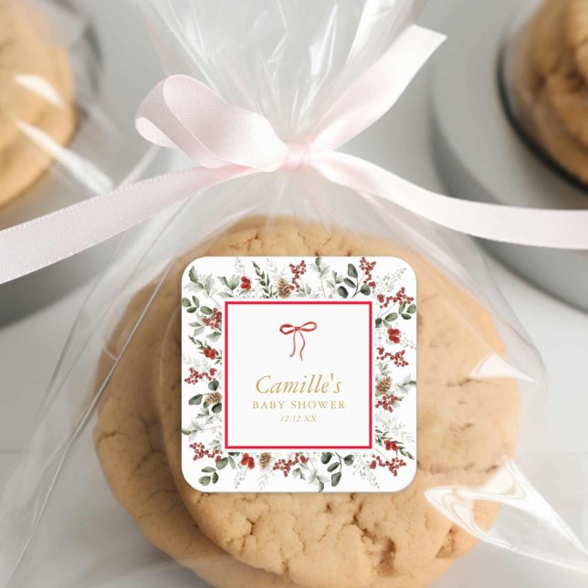 Sticker Carré Élégante verdure hivernale & Baby shower Holly (Winter Baby Shower Favor Stickers)