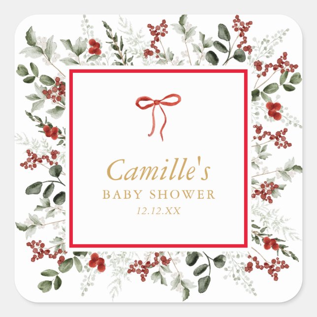 Sticker Carré Élégante verdure hivernale & Baby shower Holly (Devant)