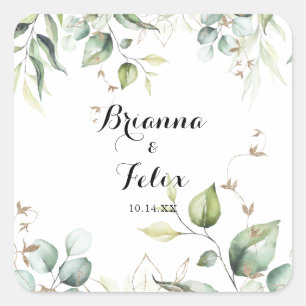 Sticker Carré Elégante Verdure or Mariage Enveloppe Phoques