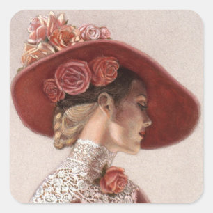 Sticker Carré Elégante Victorian Lady Fine Art Casquette Rose Vi
