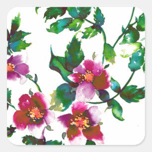 Sticker Carré Élégantes fleurs sauvages rose foncé aquarelle mod
