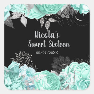 Sticker Carré Élégantes fleurs vertes et argent pour un Sweet Si