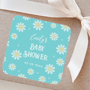 Sticker Carré Élégantes marguerites blanches Baby shower floral 