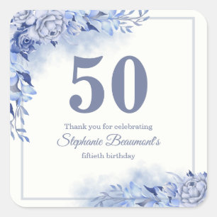 Sticker Carré Élégantes Roses Bleues Florales pour les 50 ans d'