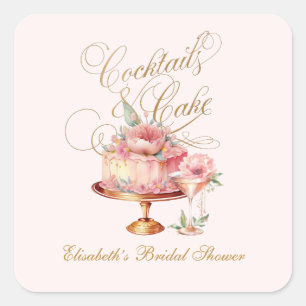 Sticker Carré Élégants cocktails roses et gâteau Baby Shower