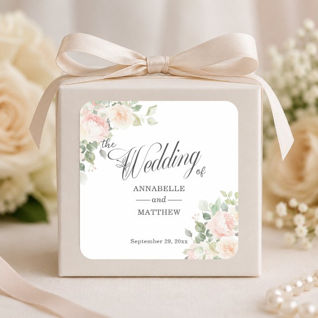 Sticker Carré Élégants Roses Tendres Mariage (Créateur téléchargé)
