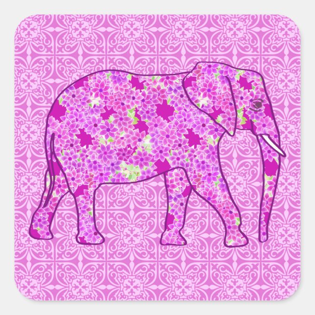 Sticker Carré Eléphant à fleurs - orchidée et magenta (Devant)
