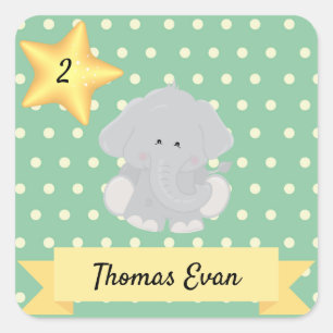 Sticker Carré Eléphant à point Polka personnalisé avec nom et âg