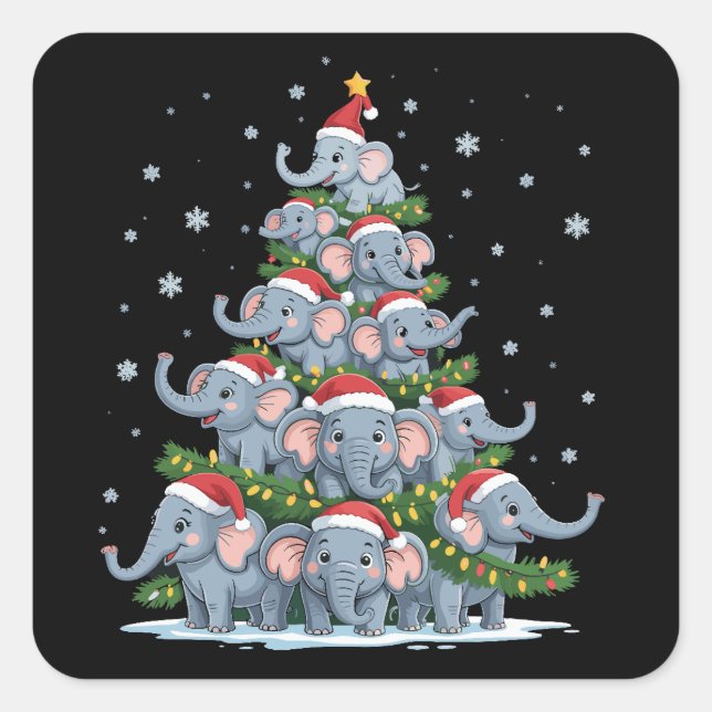 Sticker Carré Éléphant Arbre de Noël Drôle Éléphant Mignon (Devant)