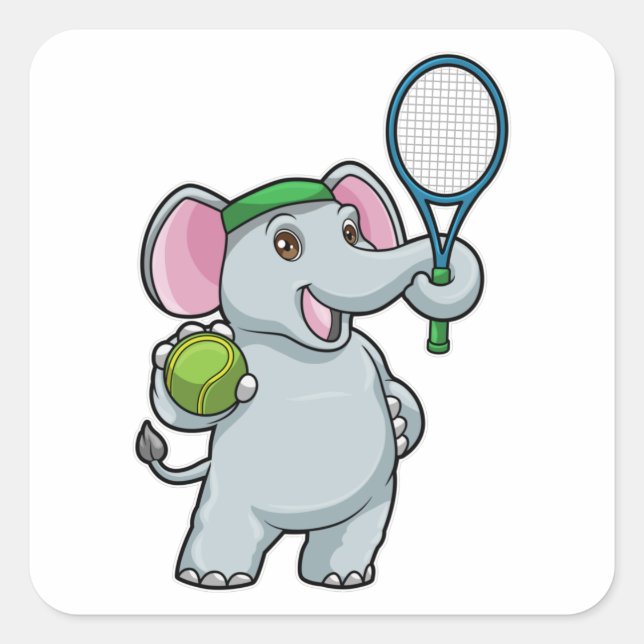 Sticker Carré Elephant au Tennis avec raquette de tennis (Devant)