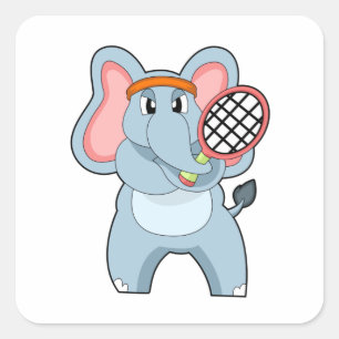 Sticker Carré Elephant au Tennis avec raquette de tennis