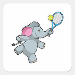 Sticker Carré Éléphant au tennis avec une raquette de tennis