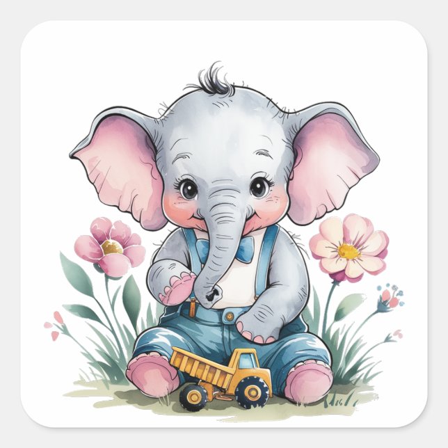 Sticker Carré Eléphant bébé avec Baby shower de camion (Devant)