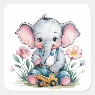 Sticker Carré Eléphant bébé avec Baby shower de camion