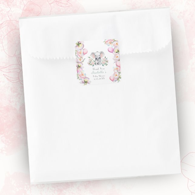 Sticker Carré Eléphant Bébé avec pivoines et ballons Merci (Baby Elephant & Peonies Candy Stickers: for Baby Showers favor bags.)