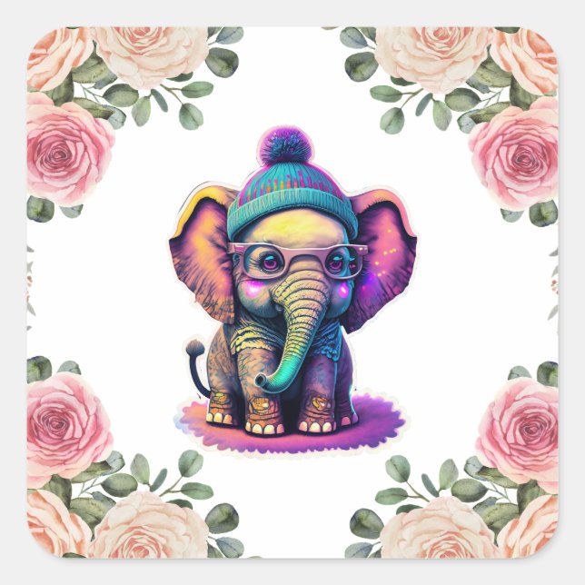 Sticker Carré Eléphant bébé mignon avec lunettes et Beanie (Devant)