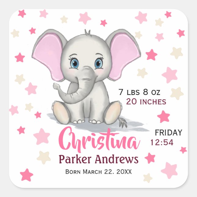 Sticker Carré Eléphant bébé mignon avec oreilles roses statistiq (Devant)