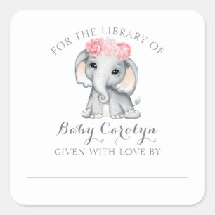 Sticker Carré Eléphant bébé mignon pour la bibliothèque de plaqu