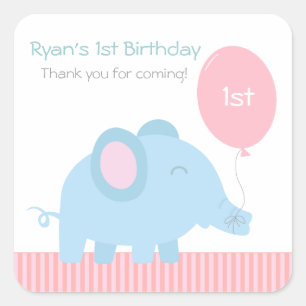 Sticker Carré Éléphant bleu bébé mignon avec un ballon rose