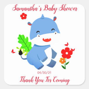 Sticker Carré Eléphant Bleu Cute Avec Baby shower Fleurs Rouges