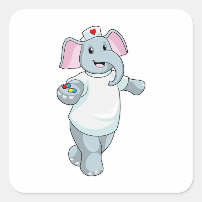 Sticker Carré Elephant comme infirmière avec la médecine (Devant)