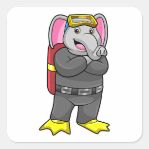 Sticker Carré Elephant comme plongeur avec lunettes de plongée