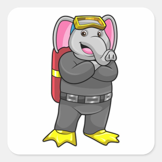 Sticker Carré Elephant comme plongeur avec lunettes de plongée (Devant)