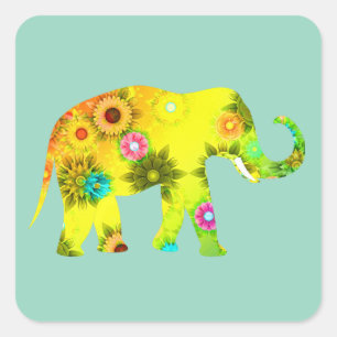 Sticker Carré Éléphant de style cartoon Fleurs Vibrantes Ludique