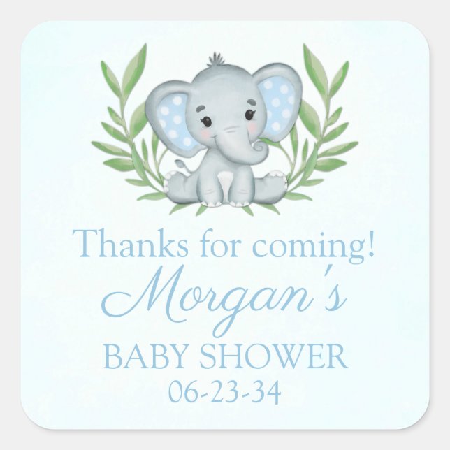 Sticker Carré Éléphant de verdure garçon bleu Baby Shower autoco (Devant)