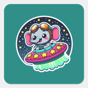 Sticker Carré Eléphant drôle UFO