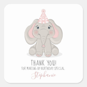 Sticker Carré Elephant en Casquette de fête d'anniversaire