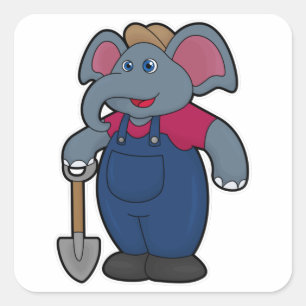 Sticker Carré Elephant en tant que fermier avec Shovel