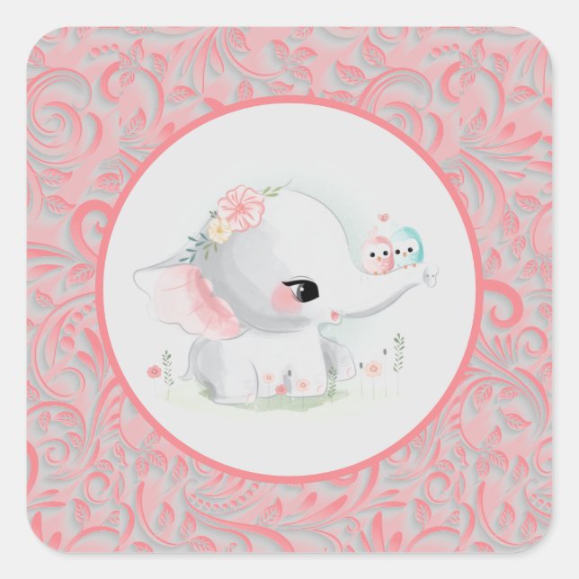 Sticker Carré Eléphant fille Baby shower rose (Devant)