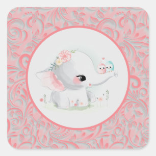 Sticker Carré Eléphant fille Baby shower rose