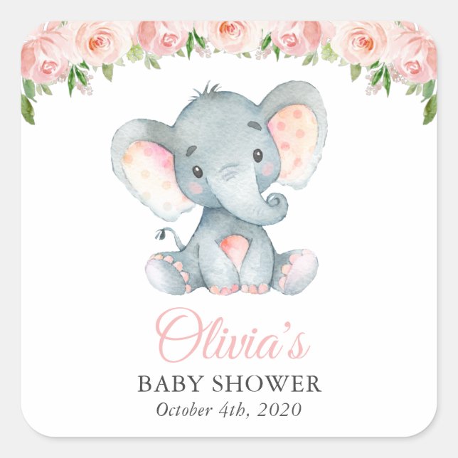 Sticker Carré Eléphant, Fleurs d'aquarelle rose, Baby shower (Devant)