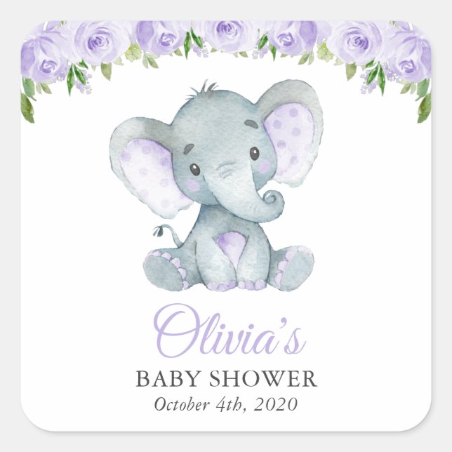 Sticker Carré Eléphant, Fleurs d'aquarelle violette, Baby shower (Devant)