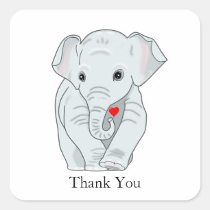 Sticker Carré Éléphant Jeune Mignon avec Cœur Merci