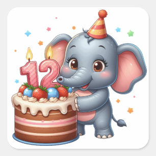 Sticker Carré Éléphant mignon 12e anniversaire