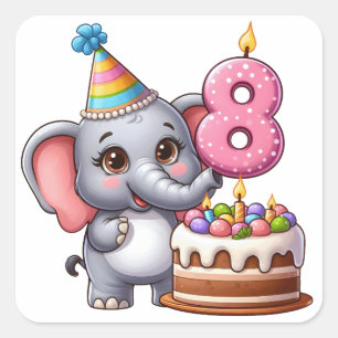 Sticker Carré Éléphant Mignon 8ème Anniversaire