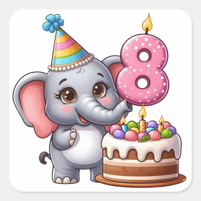 Sticker Carré Éléphant Mignon 8ème Anniversaire (Devant)