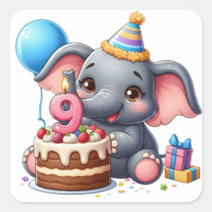 Sticker Carré Éléphant Mignon 9ème Anniversaire