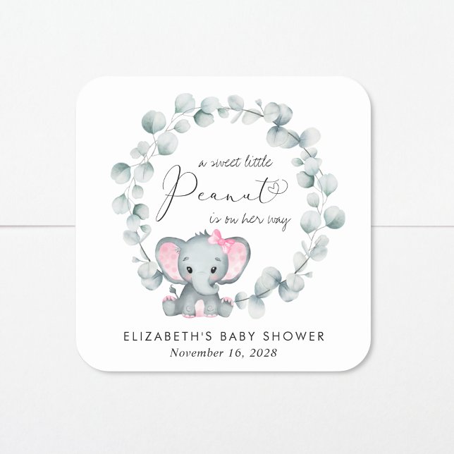 Sticker Carré Eléphant mignon Eucalyptus Baby Girl Douche (Créateur téléchargé)