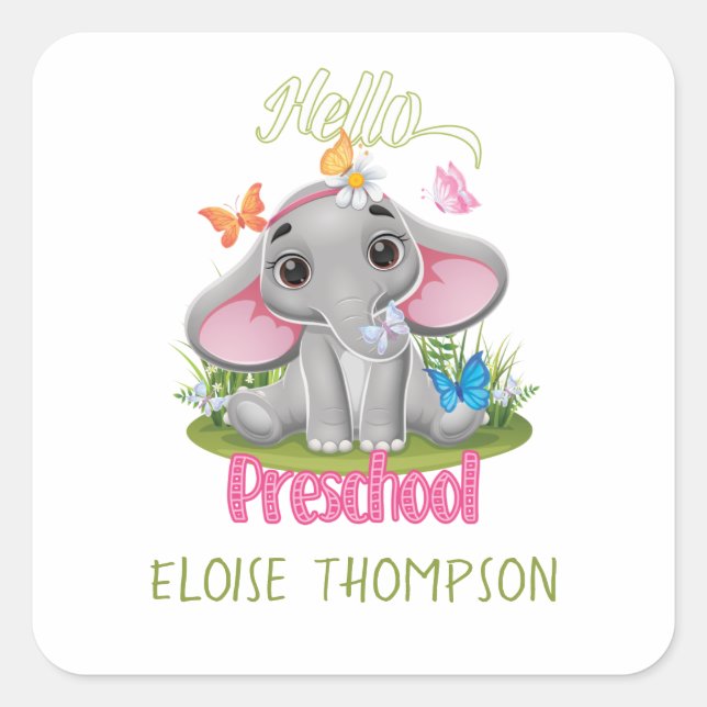 Sticker Carré Eléphant papillon préscolaire Retour à l'école (Devant)
