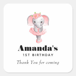 Sticker Carré Eléphant rose et gris Ballerina Merci d'anniversai